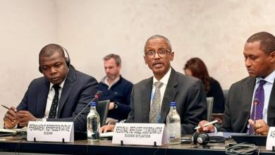 مندوب السودان في جنيف حسن حامد - وسط- يدعو إلى تحويل الدعم الدولي نحو التنمية والتعافي المبكر.