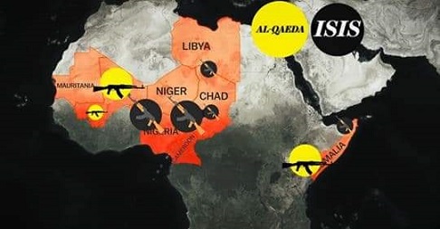 خارطة توضح الدول التي تنتشر فيها (داعش) افريقيا